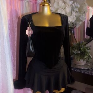 Black Velvet Long-Sleeve Skater Dress with Square Neck